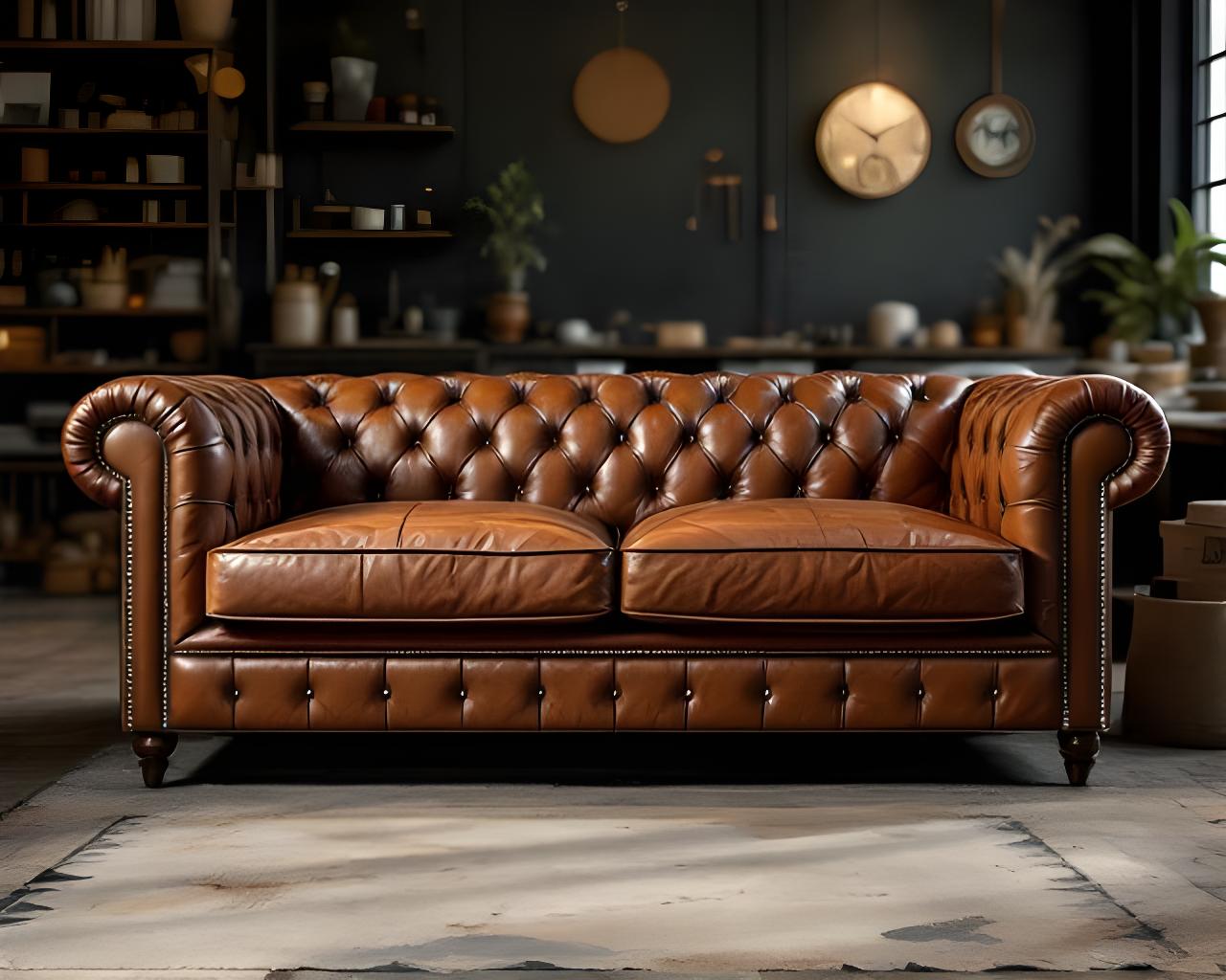 Detailansicht eines handgefertigten Chesterfield-Sofas mit Lederbezug und Ziernägeln in einer Zürcher Werkstatt