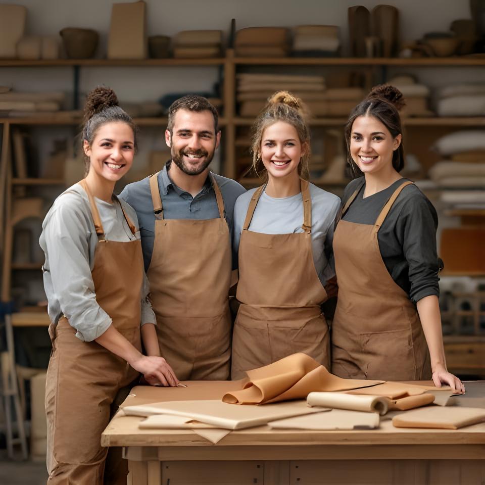 Lächelndes vierköpfiges Team vor der Werkbank mit Leder, Holzrahmen und Stoffmustern in der Polsterei