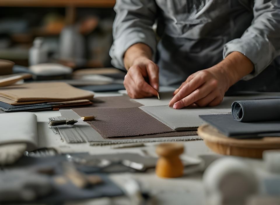 Werkstattarbeiter prüft ein Polstermöbel mit Stoffmustern und Werkzeugen auf einem grossen Arbeitstisch
