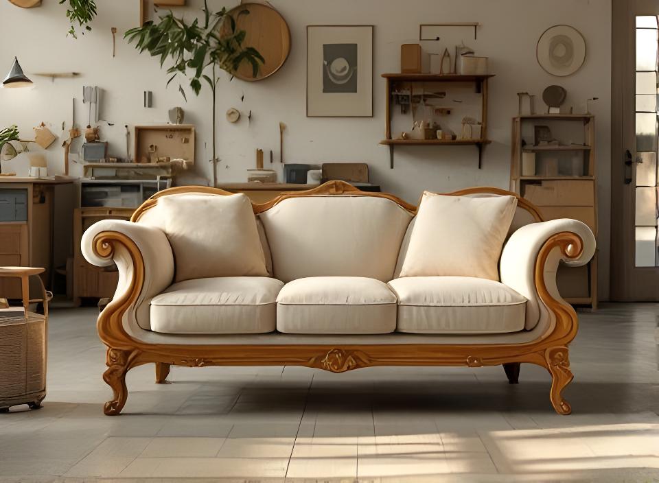 Restauriertes Jugendstil-Canapé mit geschwungenen Armlehnen und neu bezogenem Stoff in einer hellen Zürcher Werkstatt